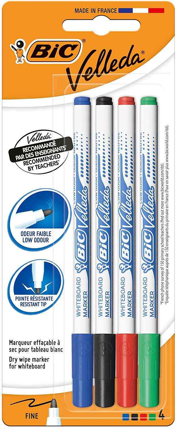 Bic Velleda 1721 Pack de 4 Rotuladores para Pizarra - Punta Fina - Trazo de 1.5mm - Borrado Optimo - Colores Surtidos