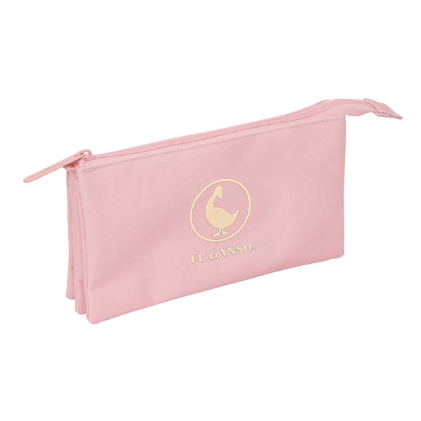 Safta el Ganso Basics Portatodo - 3 Compartimentos con Cremallera - Bolsillo Interior Central - 22x12x3cm - Color Rosa