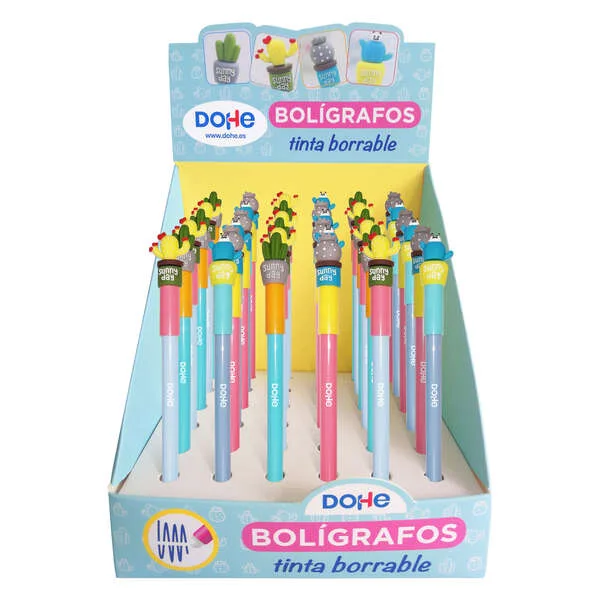 Dohe Expositor de 36 Boligrafos Borrables - Punta Bola Metalica 1mm - Trazo 0.5mm - Capuchon con Motivos Cactus - Tinta Azul