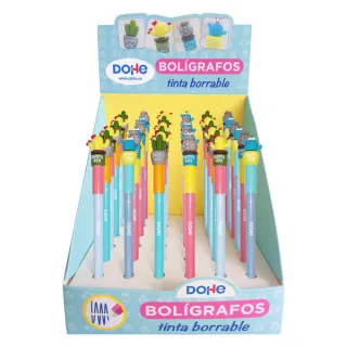 Dohe Expositor de 36 Boligrafos Borrables - Punta Bola Metalica 1mm - Trazo 0.5mm - Capuchon con Motivos Cactus - Tinta Azul