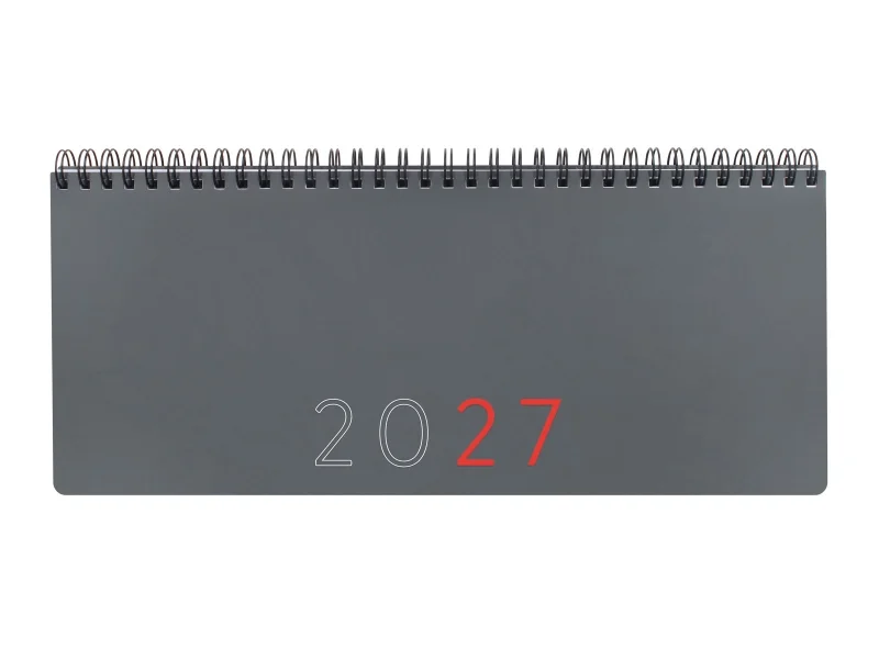 Finocam Planificador de Sobremesa - Anual 2027 - Semana Vista Vertical - 290x116mm - Espiral Doble - Tapa de Polipropileno - Esquinas Microperforadas - Papel de 80g/m2 - Color Gris