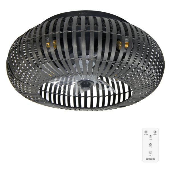 Cecotec EnergySilence LampAero 600 Natural DarkWood Ventilador de Techo con 5 Aspas y Luz - 20W - Tulipa de Madera Negra - 3 Tonos - Temporizador - 3 Velocidades - Modo Invierno - Color Negro