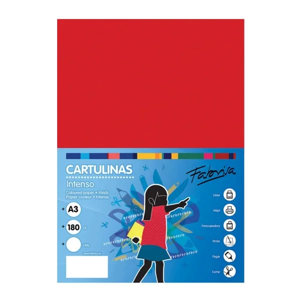 Fabrisa Pack de 25 Cartulinas 180 g/m² - Tamaño A3 - Color Rojo