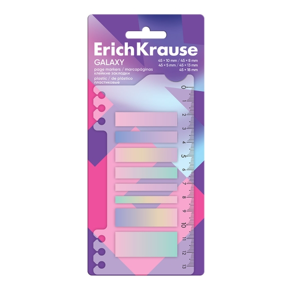 ErichKrause Galaxy Pack de 8 Blocs de 20 Marcadores de Pagina - Reposicionables - Plastico - 5 Formatos Diferentes - Colores Surtidos