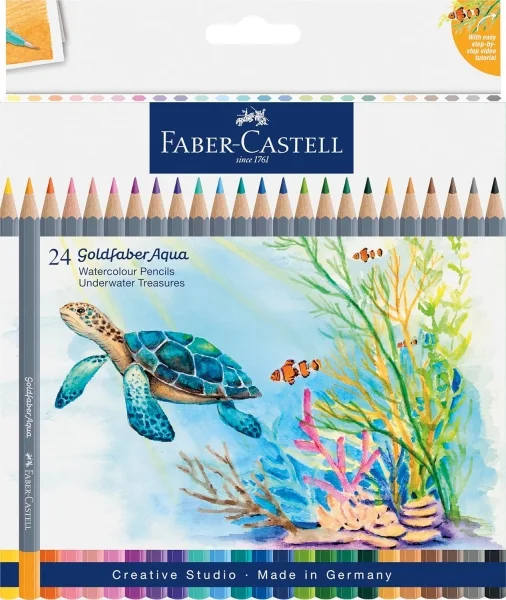 Faber-Castell Tropical Escapes Pack con 24 Lapices de Colores Acuarelables Goldfaber - Mina de 3,3mm - Aplicacion Suave - Madera Certificada FSC - Colores Surtidos