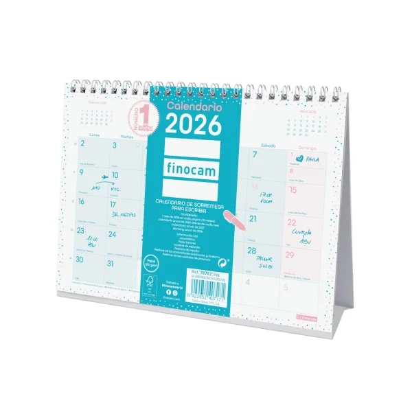 Finocam Chic Calendario de Sobremesa - Anual 2026 - 210x70x155mm - Espacio para Escribir - Color Turquesa
