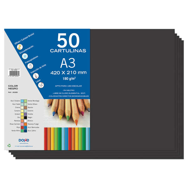 Dohe Pack de 50 Cartulinas A3 de 180gr - Con PH Neutro - Libres de Cloro Elemental - Color Negro