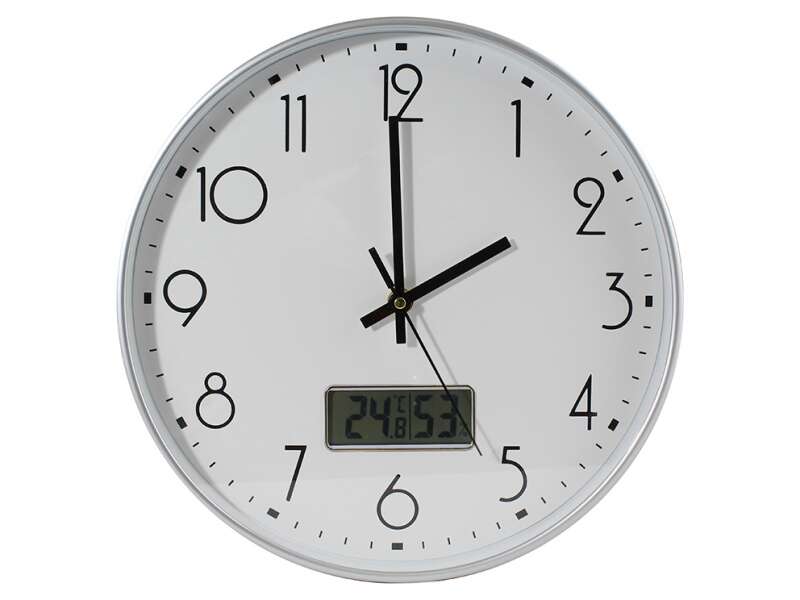Bismark Reloj Oficina con Marcador Digital de Temperatura y Humedad - Numeros Negros - Cristal Exterior - Manecillas de Aluminio - Color Blanco