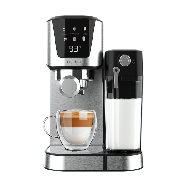 Cecotec Power Espresso 20 Cream Cafetera Semiautomatica - 1350W - 20bar - Tanque de Leche 0.7L - Deposito de 1L - Calienta Tazas - Thermoblock - Pantalla Tactil - Color Acero y Negro