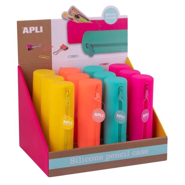 Apli Fluor Expositor de 12 Estuches de Silicona Redondos - Resistentes al Agua - Medidas 21,5xØ 5cm - Colores Surtidos