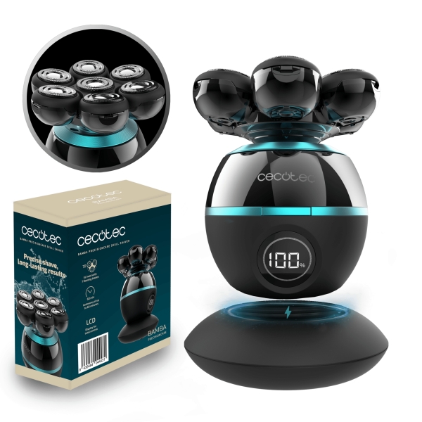 Cecotec Bamba PrecisionCare Skull Shaver Afeitadora Inalambrica para Cabeza - 7 Cuchillas Flotantes - Pantalla de Bateria - Base de Carga - Autonomia 60min - Facil Limpieza y Mantenimiento -