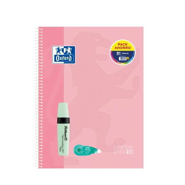 Oxford Europeanbook 10 Touch Cuaderno A4+ Cuadriculado 5x5mm 150 Hojas + Marcador Texmarker 490 Pastel Pelikan + Corrector Fancy Roller Pelikan - Tapa Extradura - 10 Bandas de Color - Colore
