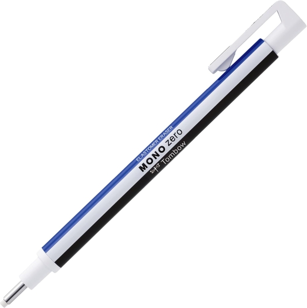 Tombow Mono Zero Portagomas - Punta Redonda de 2.3mm - Capuchon de Proteccion - Mecanismo de Giro - Libre de PVC y Latex - Color Blanco, Azul y Negro · Pack de 5 uds.