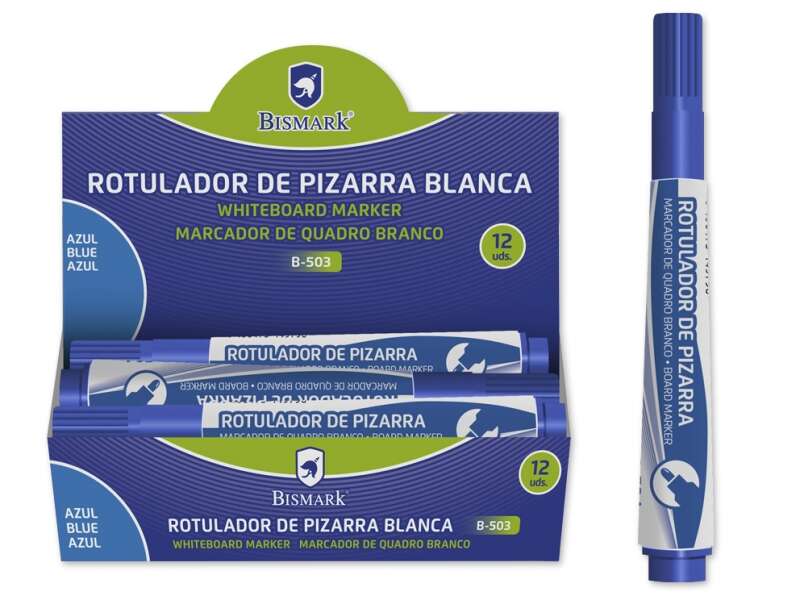 Bismark Rotulador Pizarra Tinta a Base de Alcohol - Punta Media de Fibra Acrilica - Punta Redonda - Color Azul · Pack de 12 uds.