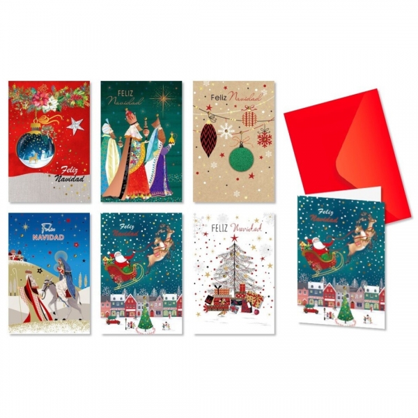 Bismark Pack de 24 Tarjetas de Felicitacion Navideña con Sobre Rojo - Tamaño Tarjeta 11.5x17cm - Diseños Variados con Brillo