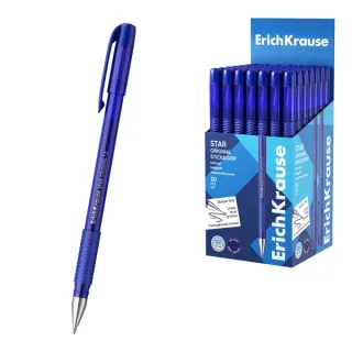 ErichKrause Star Stick and Grip Original Boligrafo con Capuchon - Punta de 1.2mm - Trazo 0.35mm - Zona de Agarre de Goma - Color Azul · Pack de 50 uds.