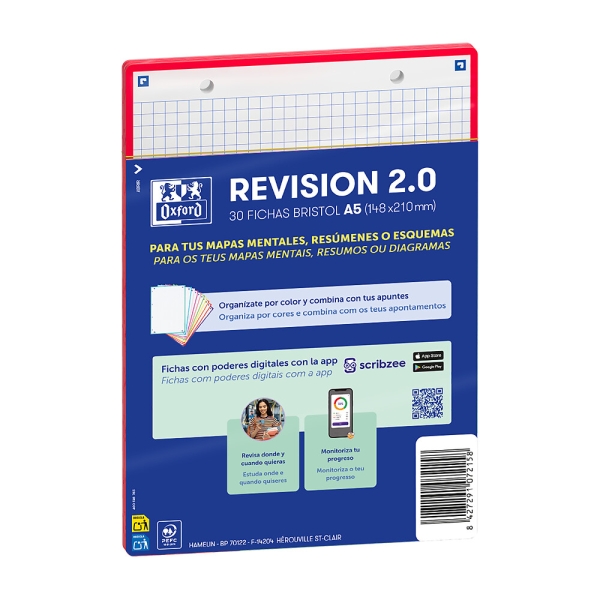Oxford Pack de 30 FlashCards 2.0 - Formato A5 - Cuadricula 5x5mm - Cartulina de 250g - Digitalizacion de Textos con App - Color Rojo