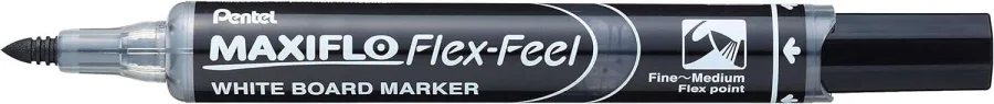 Pentel Maxiflo Flex-Feel Rotulador para Pizarra Blanca - Punta Flexible 4.6mm - Trazo de 1 a 5mm - Dosificacion de Tinta mediante Embolo - Color Negro · Pack de 12 uds.