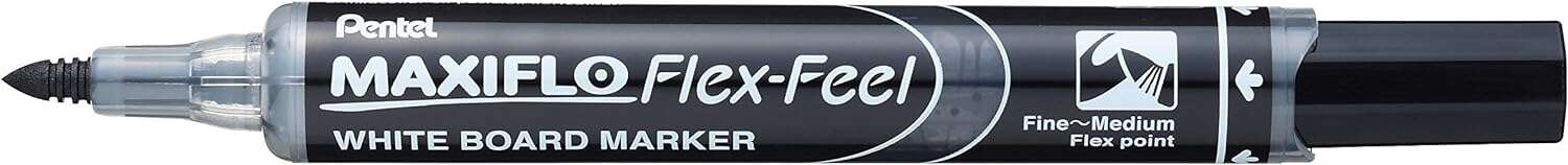 Pentel Maxiflo Flex-Feel Rotulador para Pizarra Blanca - Punta Flexible 4.6mm - Trazo de 1 a 5mm - Dosificacion de Tinta mediante Embolo - Color Negro · Pack de 12 uds.