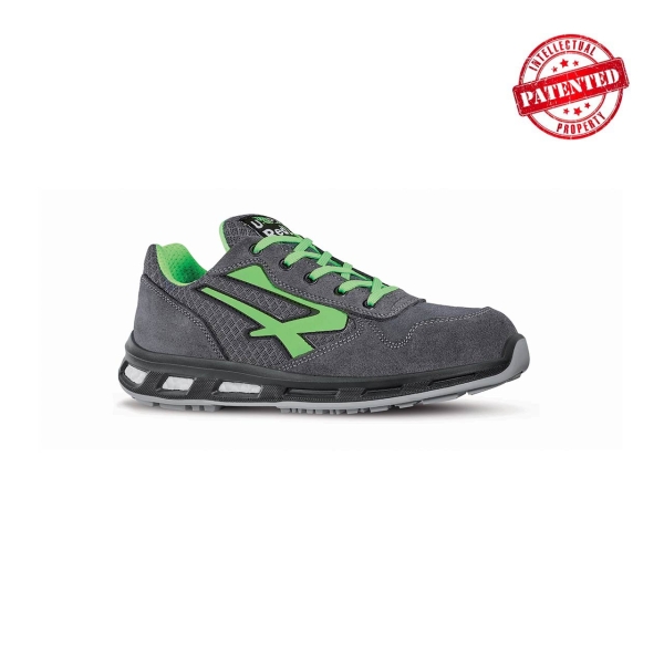 Upower Point S ESD Calzado de Seguridad Bajos - Talla 35 - Parte Superior de Nailon Ultraflexible y Gamuza Suave, Puntera de Aluminio, Antiarrugas, Antideslizante, Suela de Poliuretano, Proteccion S1PS FO SR - Color Gris Oscuro/Verde