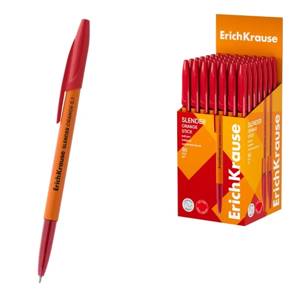 ErichKrause Slender Stick Orange Boligrafo con Capuchon - Punta de Aguja 0.7mm - Cuerpo Opaco Naranja - Trazo 0.26mm - Tinta de Baja Viscosidad - Tapa Ventilada - Color Rojo · Pack de 50 uds.