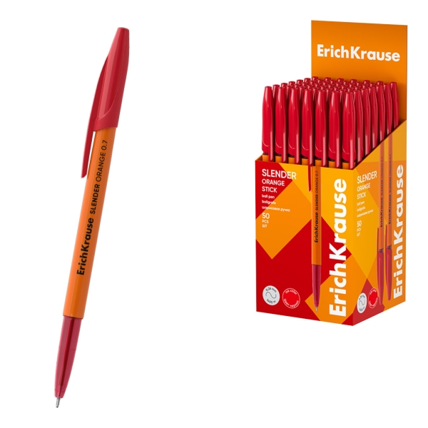 ErichKrause Slender Stick Orange Boligrafo con Capuchon - Punta de Aguja 0.7mm - Cuerpo Opaco Naranja - Trazo 0.26mm - Tinta de Baja Viscosidad - Tapa Ventilada - Color Rojo · Pack de 50 uds.