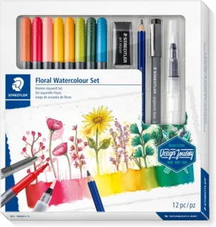 Staedtler Floral Watercolour Set Design Journey Pack con 8 Rotuladores Acuarelables Doble Punta en Colores Surtidos, 1 Rotulador Pigment Liner Negro, Lapiz Mars Lumograph Aquarell, Borrador