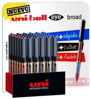 Uni-ball UB-150 Eye Broad Expositor de 36 Boligrafos de Tinta Liquida - Punta de Bola 1mm - Tinta Resistente al Agua y Luz - Sistema de Control de Tinta - Colores Surtidos