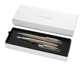 Pelikan Jazz Noble Set de Boligrafo y Estilografica - Cuerpo Satinado con Detalles Cromados - Incluye Estuche de Regalo - Color Pardo