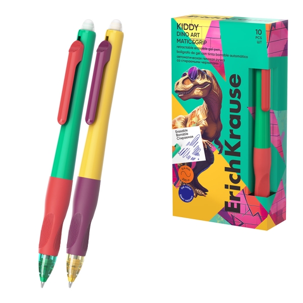 ErichKrause Kiddy Matic and Grip Dino Art Boligrafo Borrable - Modelos Surtidos - Trazo 0.4mm - Secado Rapido - Zona de Agarre de Goma - Color Azul · Pack de 10 uds.