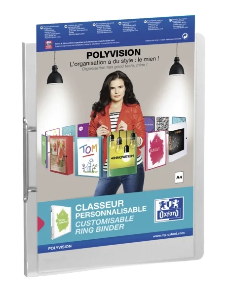 Oxford Polyvision A4+ Carpeta con 2 Anillas 25mm - Lomo de 25mm - Tapa de Plastico Personalizable - Transparente