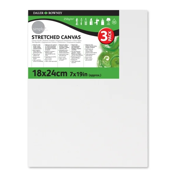Daler Rowney Simply Pack de 3 Bastidores Entelados- 18x24cm - Imprimacion Triple - Grano Medio - 100% Algodon sin Acido - 250g - Color Blanco