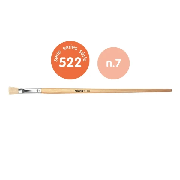 Milan 522 Pack de 6 Pinceles Planos para Oleo Numero 7 - Bolsa con Colgador - Cerda Natural - Color Madera Claro