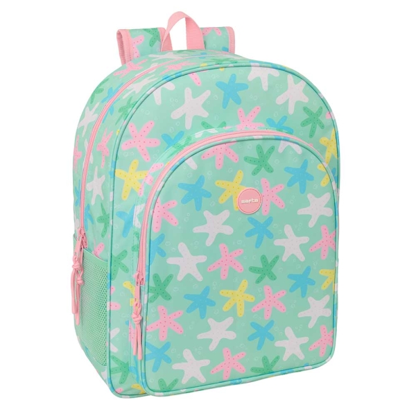 Safta Estrellas Mochila - Adaptable a Carro - Bolsillo Frontal - Portabotellas - Cremallera con Doble Tirador - Asa de Mano - Hombreras y Espalda Acolchada - 33x42x14cm - Color Verde