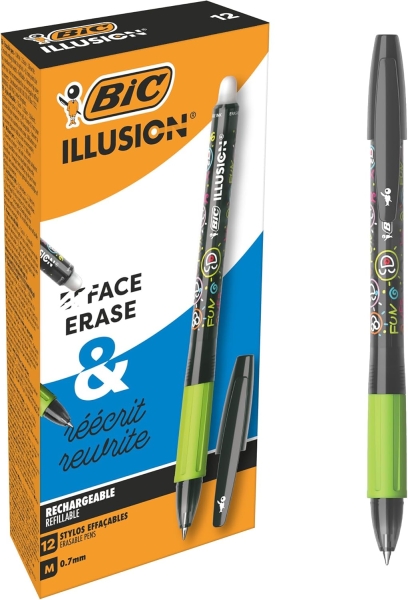Bic Illusions Boligrafo Borrable - Punta Media de 0.7mm - Grip de Goma - Recargable - Color Negro · Pack de 12 uds.