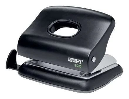 Rapid Eco Taladro Perforador - Perfora hasta 20 Hojas - Facil Vaciado - Punzones 5.5mm - Fabricado con un 74% de Plastico Reciclado Postconsumo - Color Negro