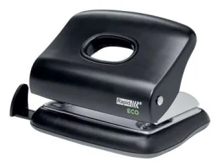 Rapid Eco Taladro Perforador - Perfora hasta 20 Hojas - Facil Vaciado - Punzones 5.5mm - Fabricado con un 74% de Plastico Reciclado Postconsumo - Color Negro