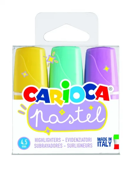 Carioca Minilight Pack de 3 Subrayadores Pastel - Tinta a Base de Agua y Lavable - Punta Biselada - Color Varios