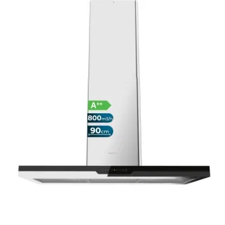Cecotec Bolero Flux ICT 908000 Glass Black A++ Campana Extractora de Techo de 90cm - 210W - Succion 800m3/h - Luz LED - Pantalla - Acero Inoxidable - Apagado Automatico - Filtros de Carbono