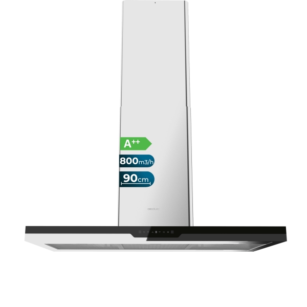 Cecotec Bolero Flux ICT 908000 Glass Black A++ Campana Extractora de Techo de 90cm - 210W - Succion 800m3/h - Luz LED - Pantalla - Acero Inoxidable - Apagado Automatico - Filtros de Carbono
