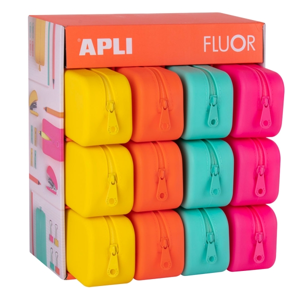 Apli Fluor Expositor de 12 Estuches de Silicona Rectangulares - Resistentes al Agua - Medidas 75x185x55mm - Colores Surtidos