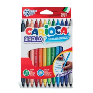 Carioca Birello Pack de 12 Rotuladores - Doble Punta Fina y Media - Tinta Superlavable No Toxica - Lavable de la Piel y Tejidos con Agua y sin Jabon - Colores Surtidos