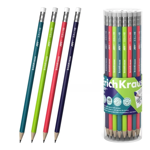 ErichKrause JOY Reef Lapiz de Grafito con Goma de Borrar - Mina HB - Cuerpo Redondo - Plastico - Colores Surtidos · Pack de 42 uds.