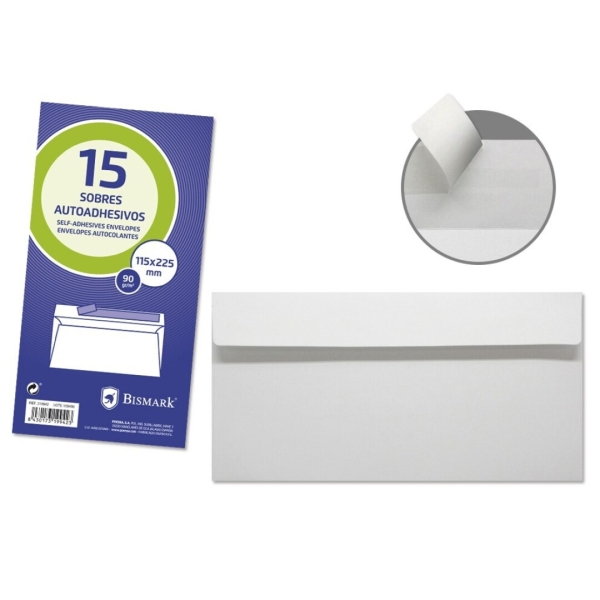 Bismark Pack de 15 Sobres Americanos Papel 90grs - Medidas 115x225mm - Cierre Autoadhesivo - Color Blanco