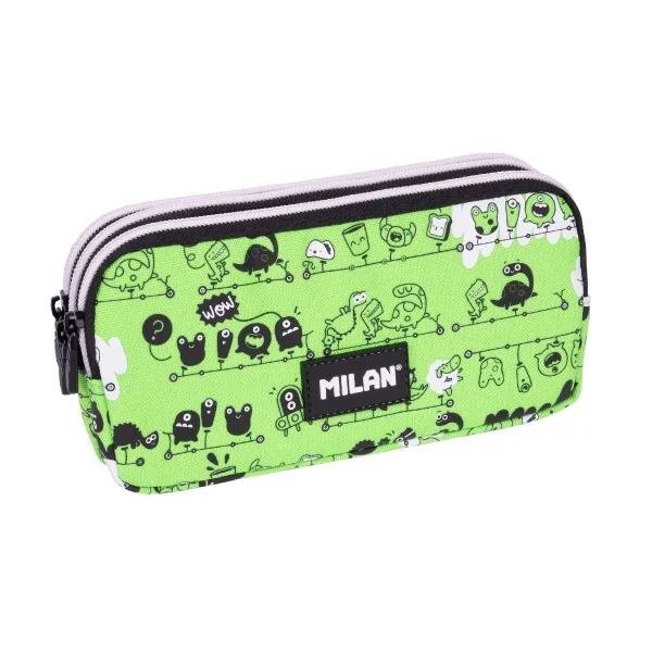 Milan Tandem 2 Estuche Portatodo - Cremallera - 3 Compartimentos - 22x11x6.5cm - Color Verde