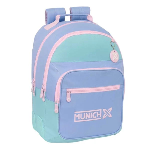 Safta Munich Mellow Mochila con 2 Compartimentos - Antirozaduras - Adaptable a Carro - Bolsillo Frontal - Portabotellas - Tirador Doble - Hombreras Ergonomicas - 320x150x420mm - Color Azul Claro