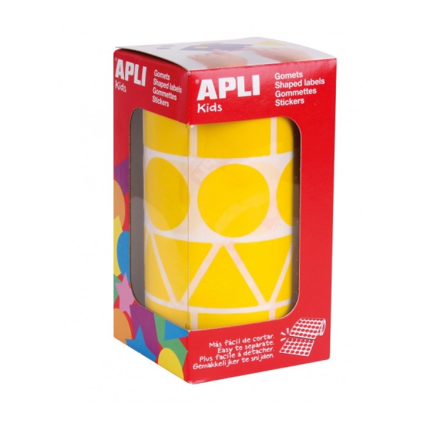 Apli Rollo con 1.357 Gomets con Formas Surtidas - Adhesivo Permanente - Fomenta Psicomotricidad y Creatividad - Adhesivo Base Agua - Color Amarillo