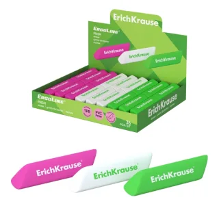 ErichKrause ErgoLine Prism Expositor con 36 Gomas de Borrar - Caucho Termoplastico - Hipoalergenico - No Deja Residuos - Libre de PVC - Colores Surtidos