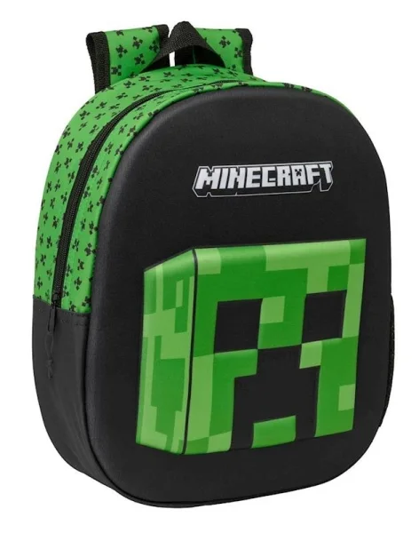 Safta Minecraft Mochila 3D - Asa de Mano - Portabotellas Lateral - 27x33x10cm - Color Negro/Verde