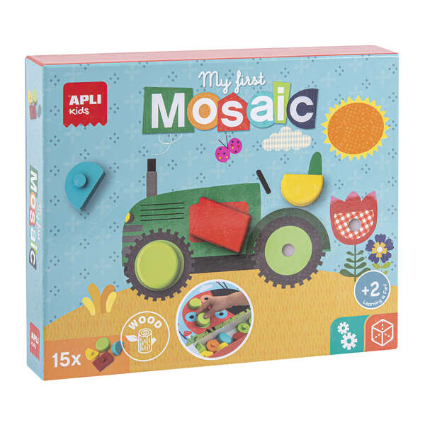 Apli Mosaico Educativo de Madera - 15 Piezas de Diferentes Formas y Colores - 5 Laminas con Diseños - Tamaño de Laminas: 280x180x2mm - Caja con 2 Compartimentos - Color Natural